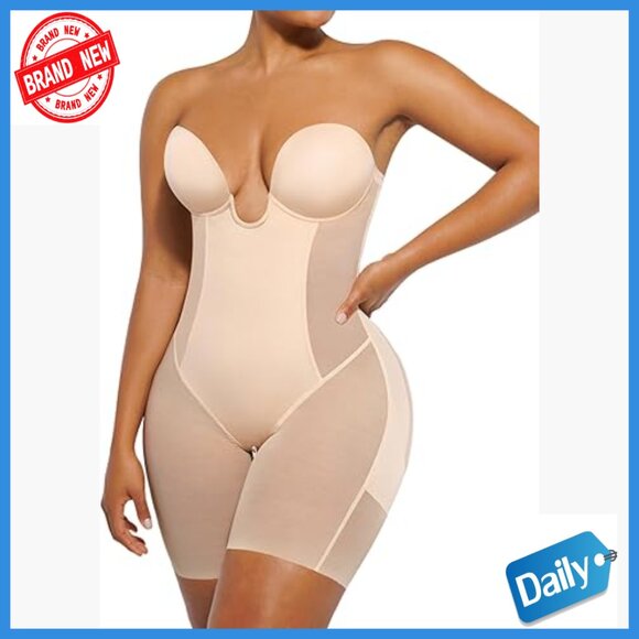 Strapless Shapewear Bodysuit Tummy Control Backless Mid Thigh Full Body Shaper